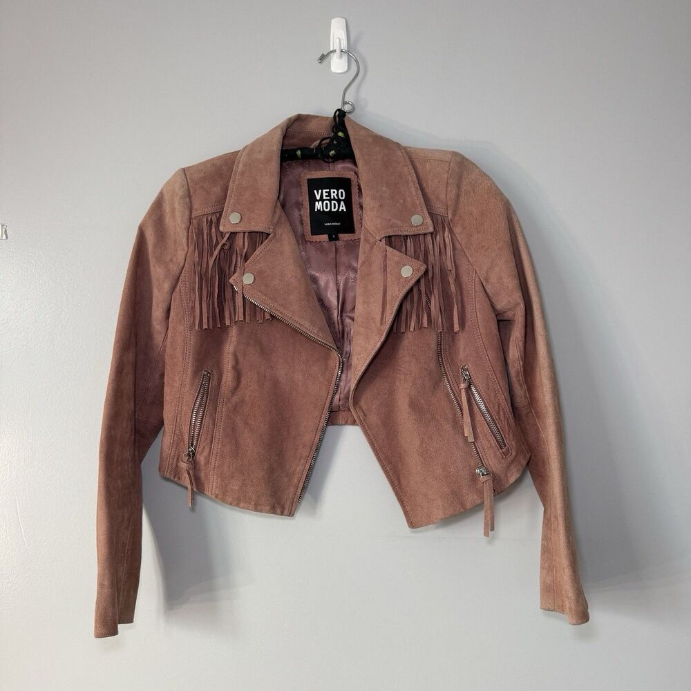 Vintage Muted Pink Suede Fringe Cropped Moto Asymetrical Jacket Sz S Boho Fall
